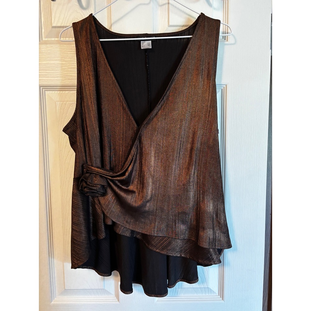 Venus Womens Metallic Bronze Rosette Surplice V-Neck Sleeveless Peplum Top Large